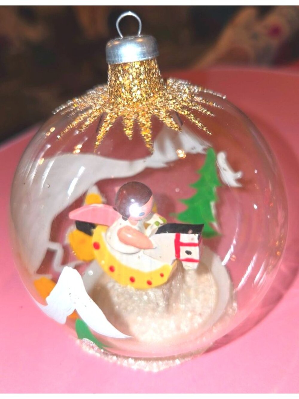 Hand-Painted Glass Angel Ornament Glitter Topper Snow Scene Vintage Christmas Dé